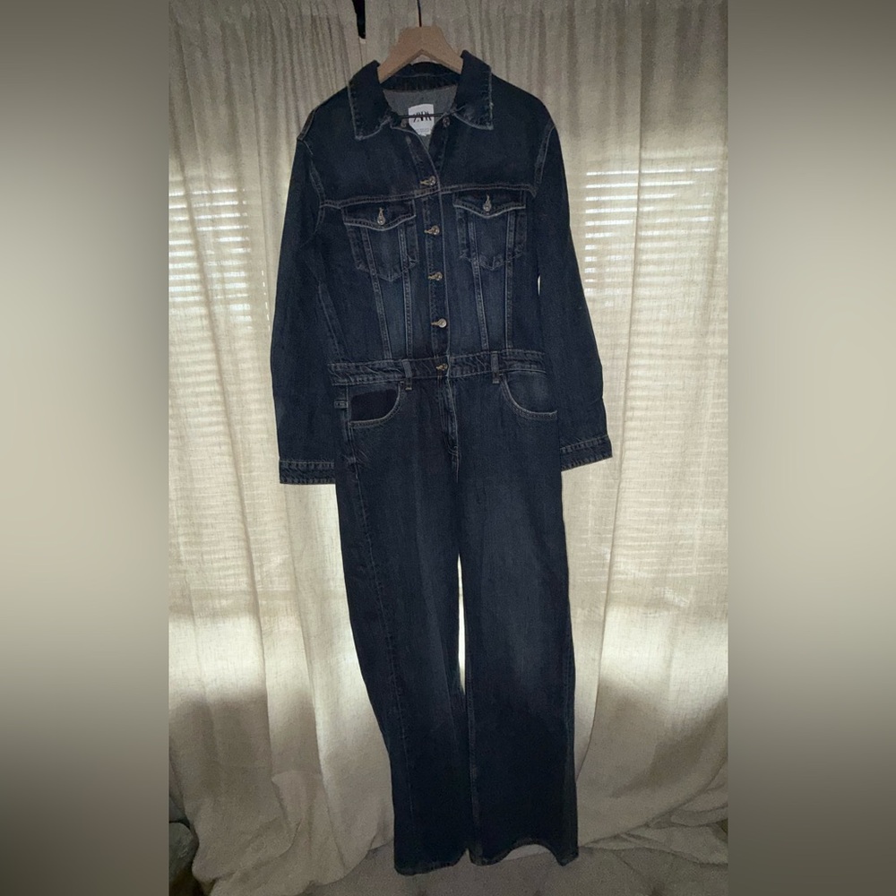 Zara Denim Button Front Long Sleeve Jumpsuit